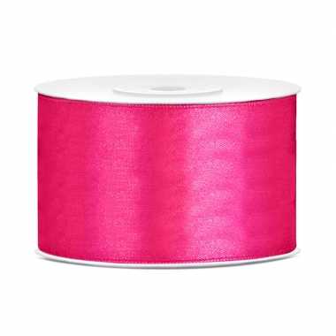 1x donker roze satijnlint rollen 3,8 cm x 25 meter cadeaulint verpakkingsmateriaal