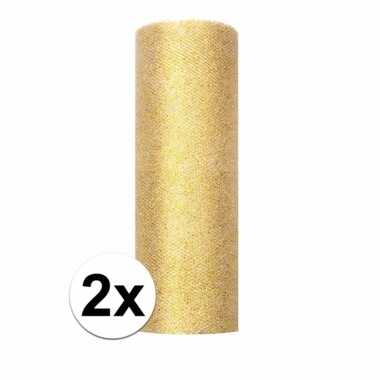 2x rollen gouden tule stof met glitters 15 cm breed