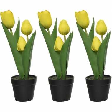 3x tulipa tulp kunstplanten groen/geel 27 cm met zwarte pot