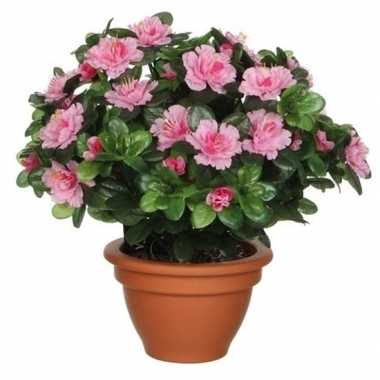 Groene azalea kunstplant met roze bloemen 35 cm in terracotta pot