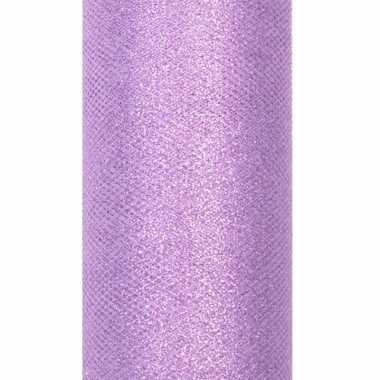 Lila paarse tule stof met glitters 15 cm breed