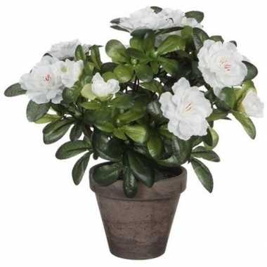 Nep planten groene azalea kunstplanten met witte bloemen 27 cm met po