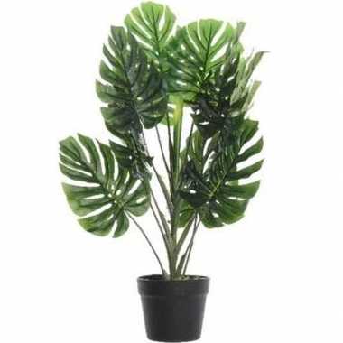 Nep planten groene monstera gatenplant kunstplanten 80 cm met zwarte