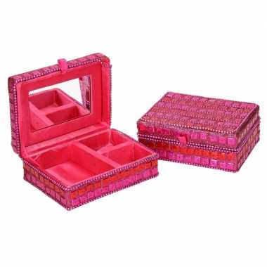 Sieradenkistje/sieradenbox roze met glitters 8 x 11 cm