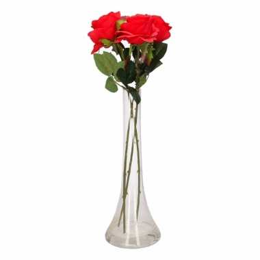Woondecoratie smalle vaas met 3 rode rozen