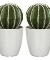 2x nep planten groene echinocactus bolcactus kunstplanten 28 cm met witte pot 10159790