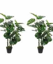 2x nep planten groene monstera gatenplant kunstplanten 100 cm met zwarte pot