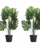 2x nep planten groene monstera gatenplant kunstplanten 80 cm met zwarte pot