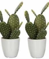 2x nep planten groene opuntia schijfcactus kunstplanten 28 cm met witte pot 10159795