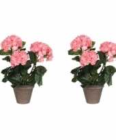 2x nep planten roze hortensia kunstplanten 40 cm met oranje bloemen en grijze pot