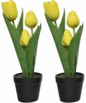 2x tulipa tulp kunstplanten groen geel 27 cm met zwarte pot