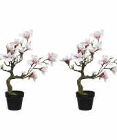 2x wit roze magnolia beverboom kunstbloemen takken 60 cm decoratie in zwarte pot