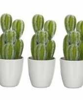 3x nep planten groene euphorbia cowboycactus kunstplanten 28 cm met witte pot 10159789