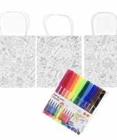 3x tasjes om in te kleuren met 12 kleurstiften voor kinderen