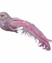 4x roze glitter decoratie vogeltjes op clip 17 cm