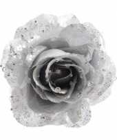 6x zilveren glitter rozen met clip kerstbloemen