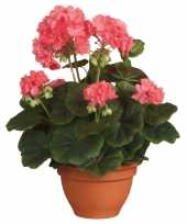 Geranium kunstplant zalm roze in campana terra pot h35 x d25 cm