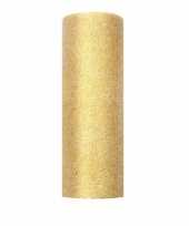 Gouden tule stof met glitters 15 cm breed