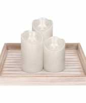 Houten kaarsenbord plateau met led kaarsen set 3 stuks zilver