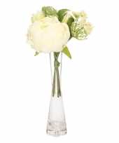 Kunst wit boeket 20 cm pioenroos tulp dille inclusief vaasje