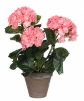 Nep planten roze hortensia kunstplanten 40 cm met oranje bloemen en grijze pot