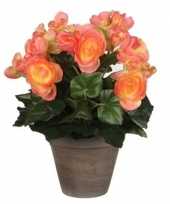 Nep planten zalmroze begonia kunstplanten 30 cm met oranje bloemen en grijze pot