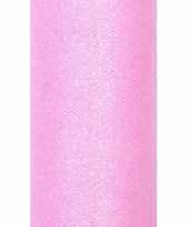 Roze tule stof met glitters 15 cm breed