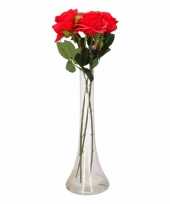 Woondecoratie smalle vaas met 3 rode rozen