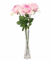 Woondecoratie smalle vaas met 3 roze rozen 37 cm