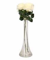 Woondecoratie smalle vaas met 3 witte rozen
