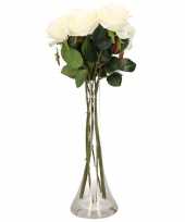Woondecoratie smalle vaas met 6 witte rozen
